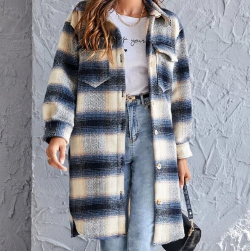 Plaid Winter Shacket Long Overcoat Jacket With Pockets